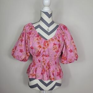 LOFT Size M Floral Smocked Peplum Top Pink Puff Sleeve V-Neck Boho Cottagecore